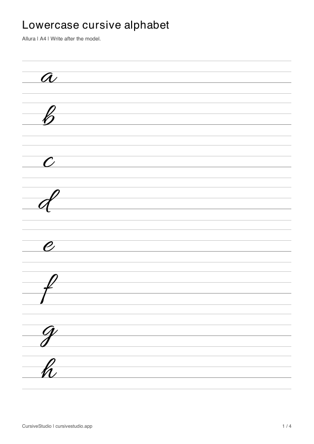 Lowercase cursive alphabet in Allura, copy practice sheet