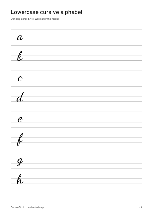 Lowercase cursive alphabet in Dancing Script, copy practice sheet