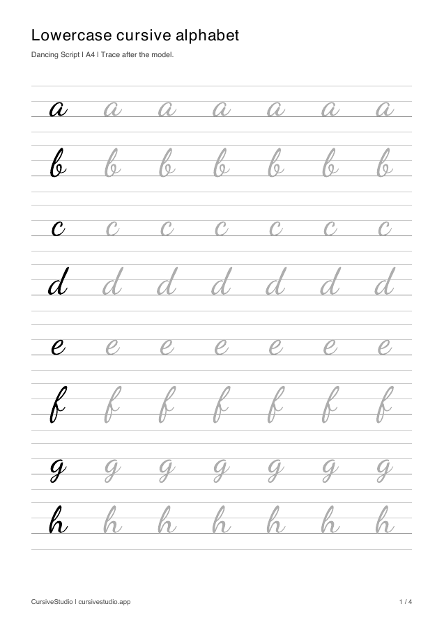 Lowercase cursive alphabet in Dancing Script, tracing practice sheet