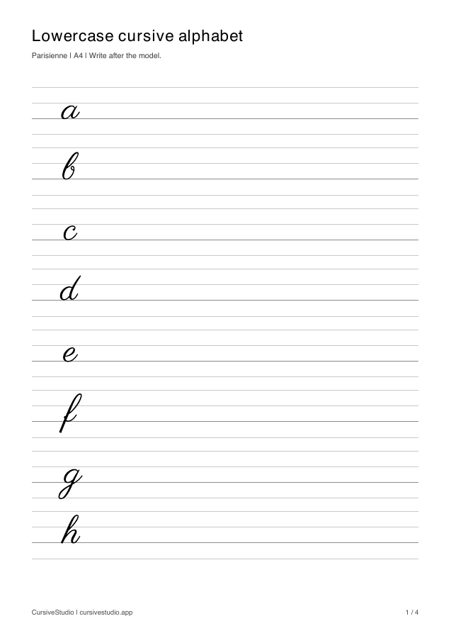 Lowercase cursive alphabet in Parisienne, copy practice sheet