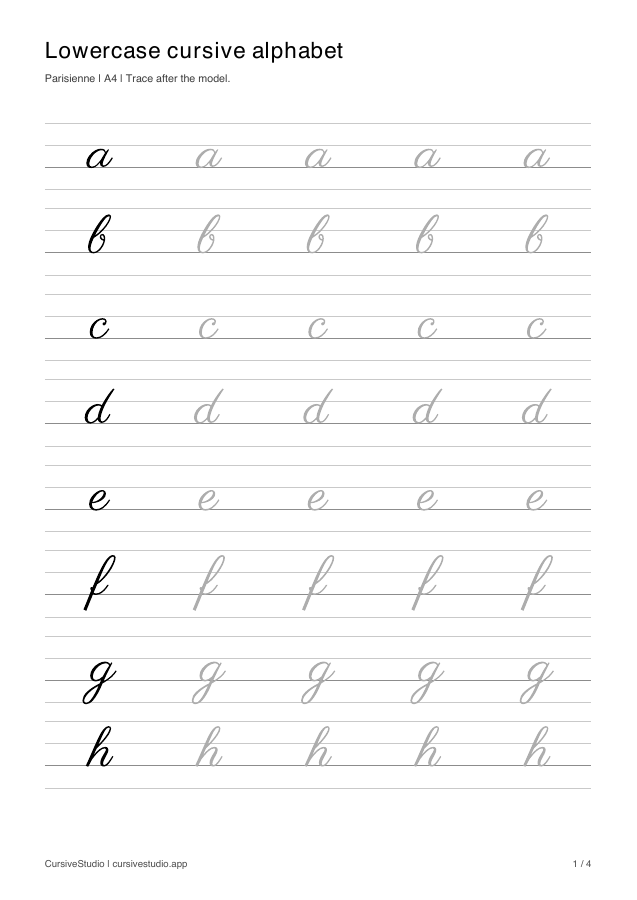 Lowercase cursive alphabet in Parisienne, tracing practice sheet