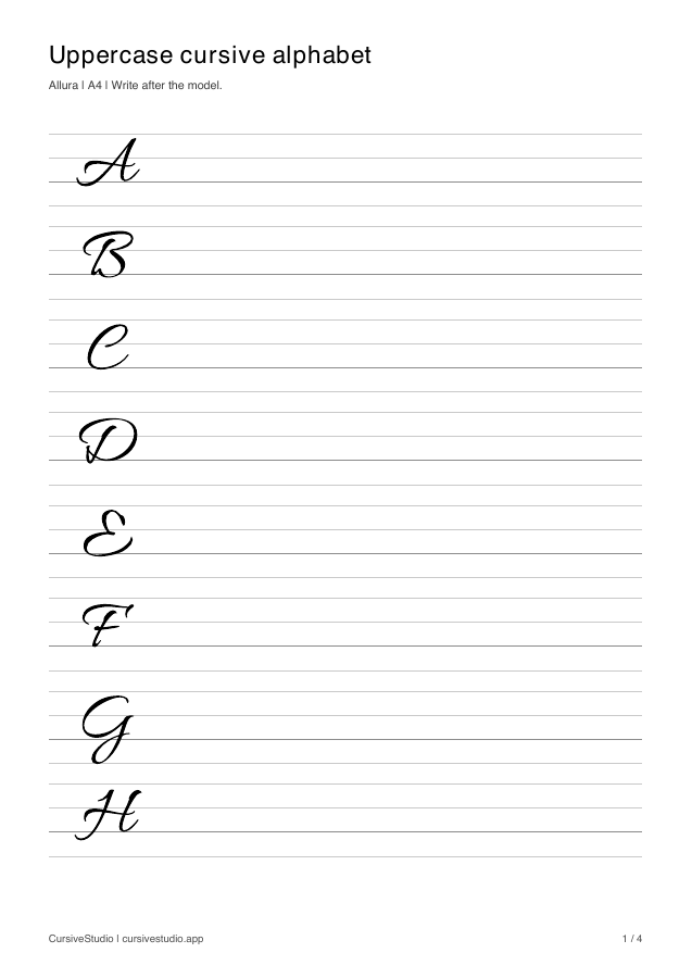 Uppercase cursive alphabet in Allura, copy practice sheet