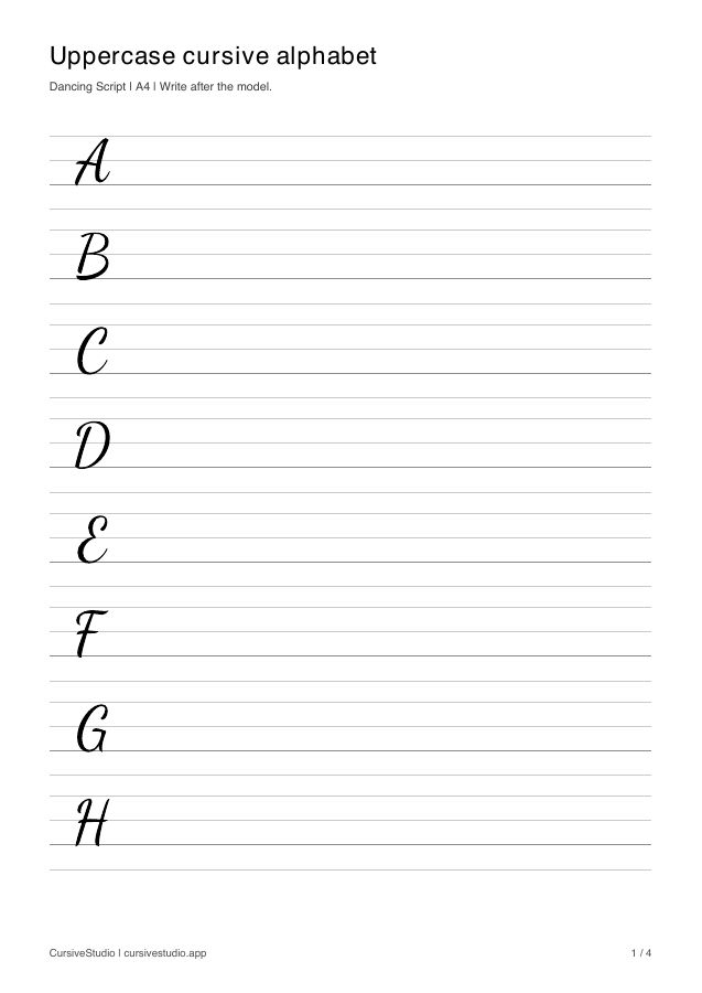 Uppercase cursive alphabet in Dancing Script, copy practice sheet