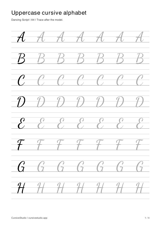 Uppercase cursive alphabet in Dancing Script, tracing practice sheet