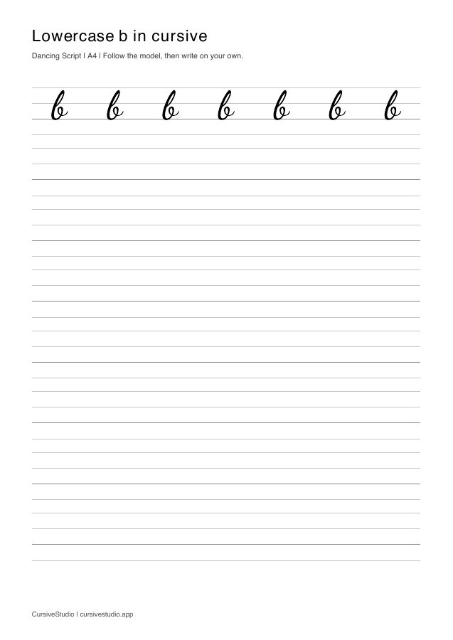 lowercase b Dancing Script copy practice sheet