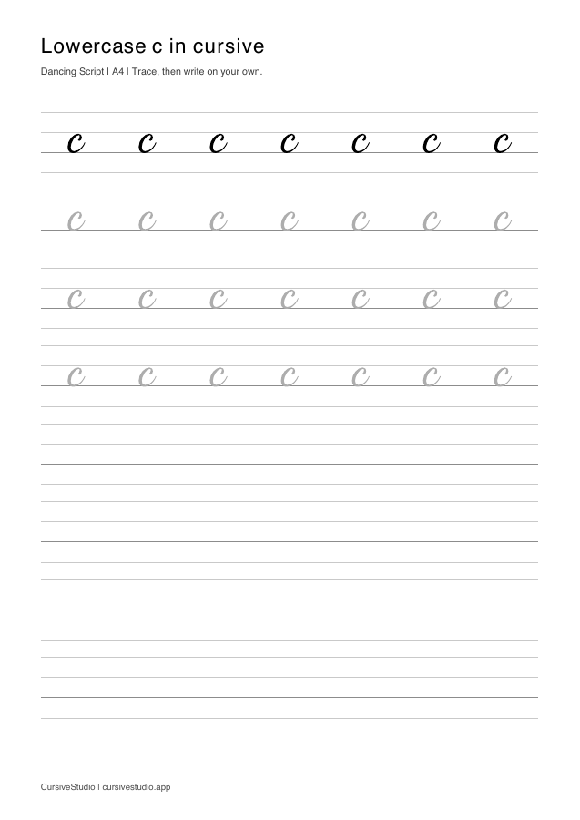 lowercase c Dancing Script guided practice sheet