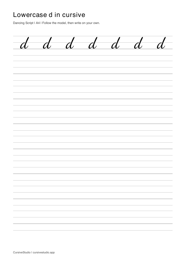 lowercase d Dancing Script copy practice sheet