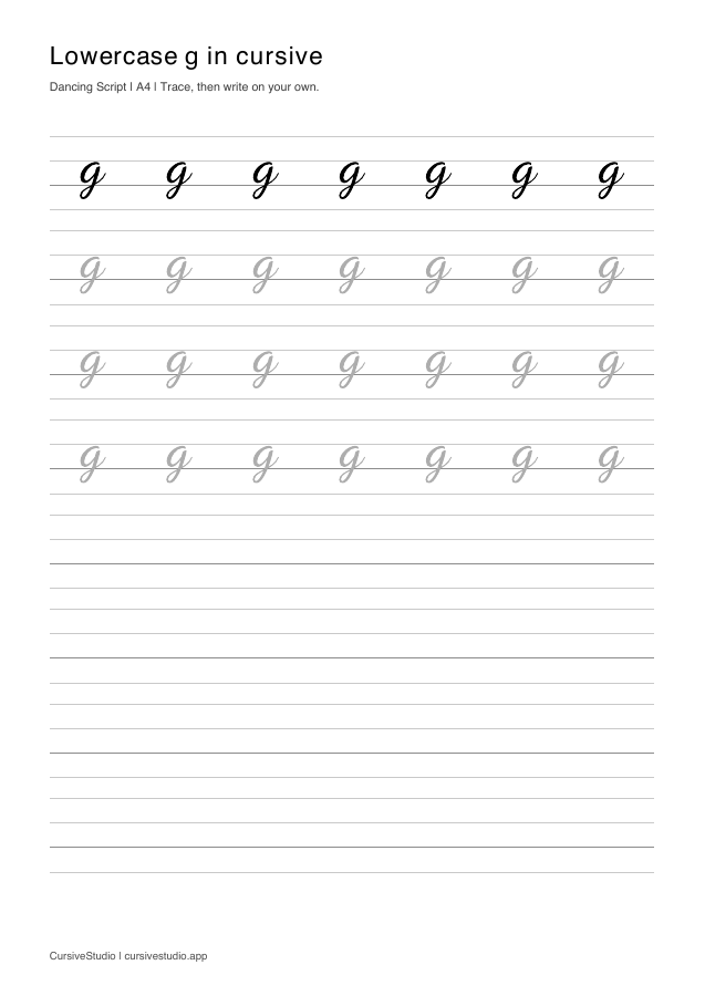 lowercase g Dancing Script guided practice sheet