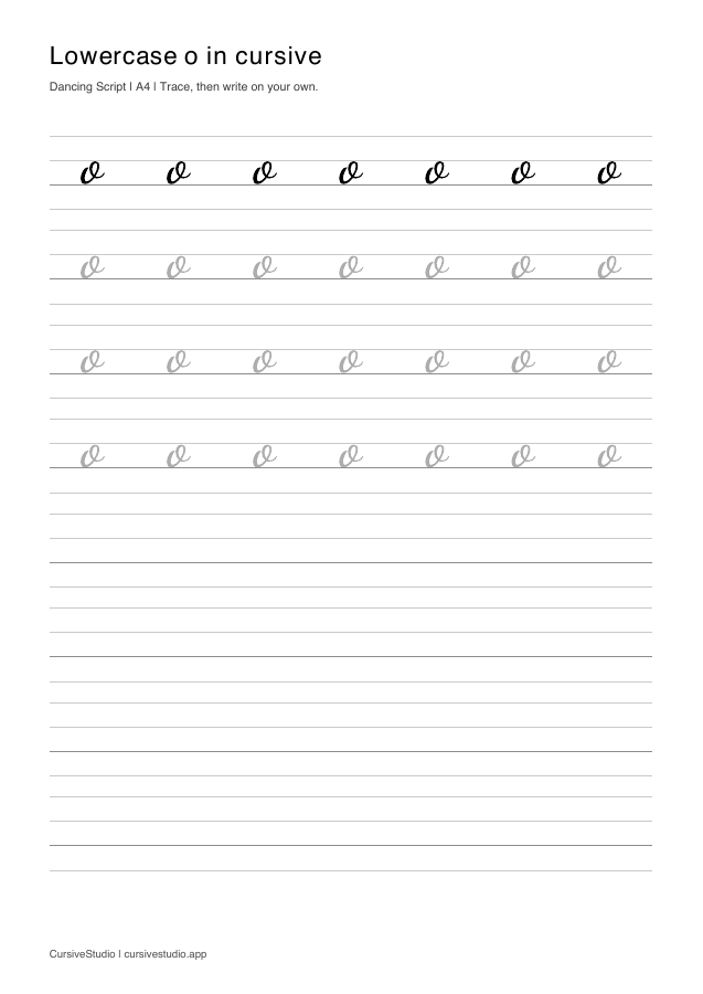 lowercase o Dancing Script guided practice sheet