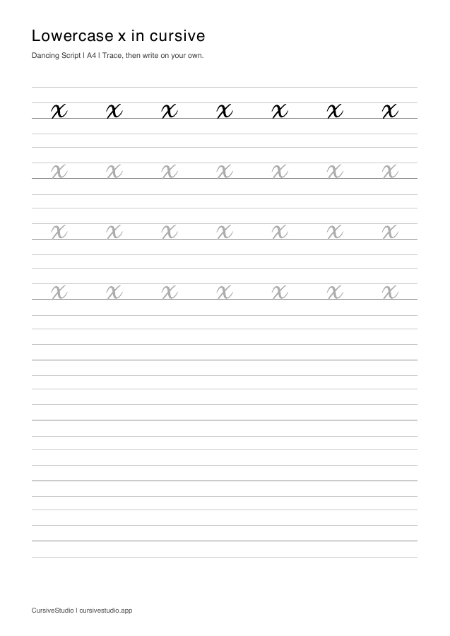 lowercase x Dancing Script guided practice sheet