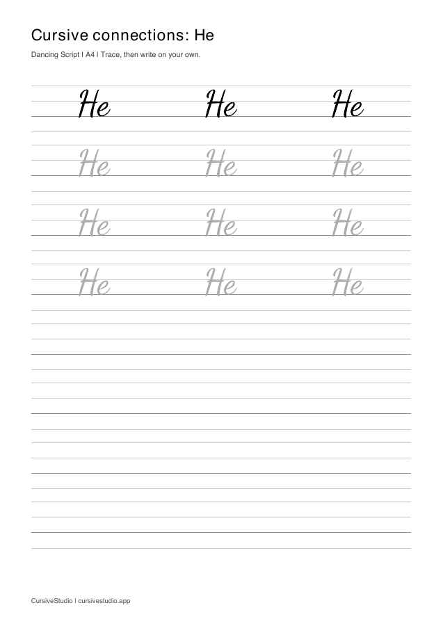 He cursive connection practice sheet