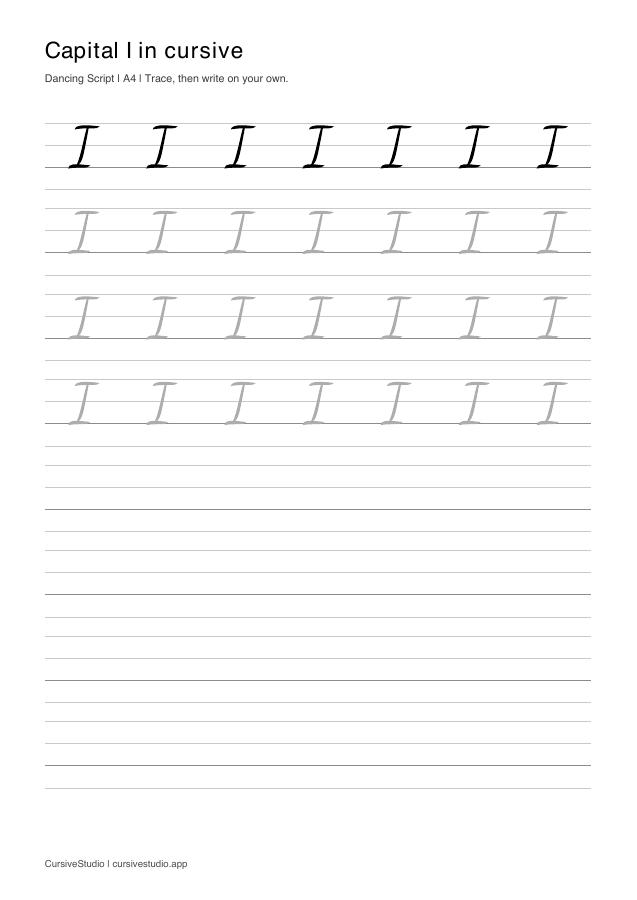 capital I Dancing Script guided practice sheet