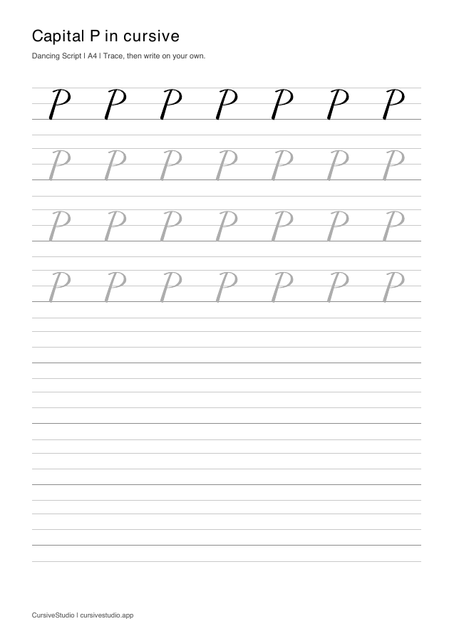 capital P Dancing Script guided practice sheet
