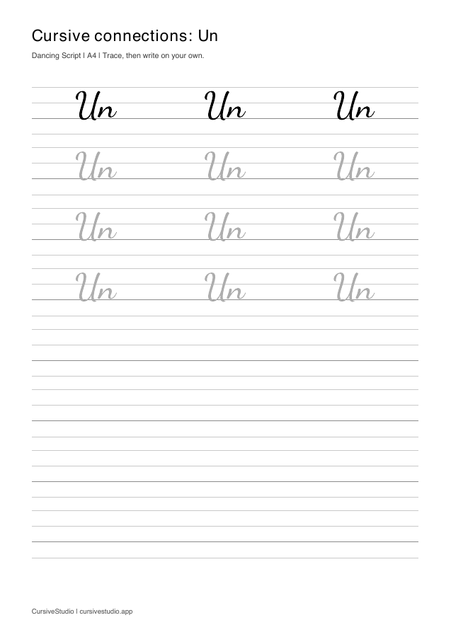 Un cursive connection practice sheet