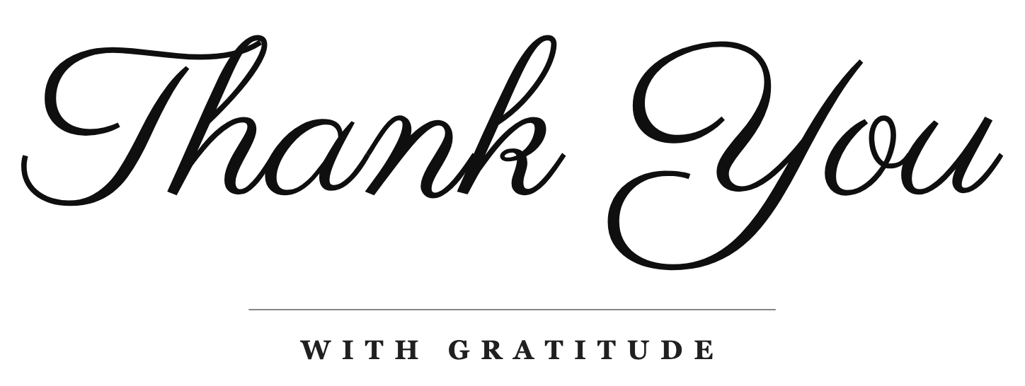 Thank You written in Parisienne cursive, above a hairline and a printed sign-off