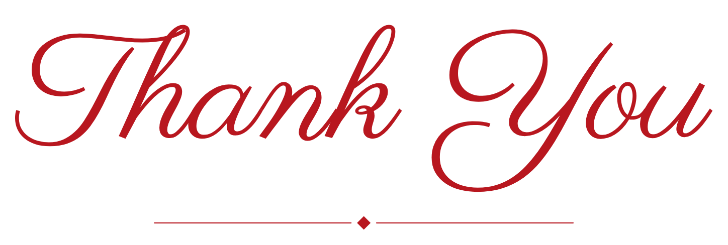 Thank You written in Parisienne cursive, above a rule and diamond