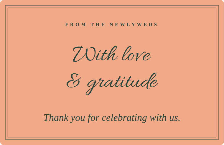 “With love & gratitude” thank you note card in Allura cursive, with the line “Thank you for celebrating with us”