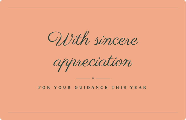 “With sincere appreciation” thank you note card in Parisienne cursive, with the line “For your guidance this year”