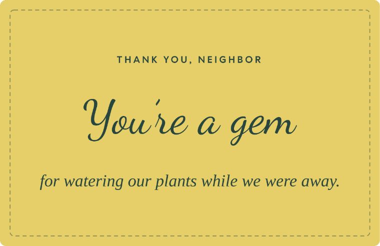 “You’re a gem” thank you note card in Dancing Script cursive, with the line “for watering our plants while we were away”