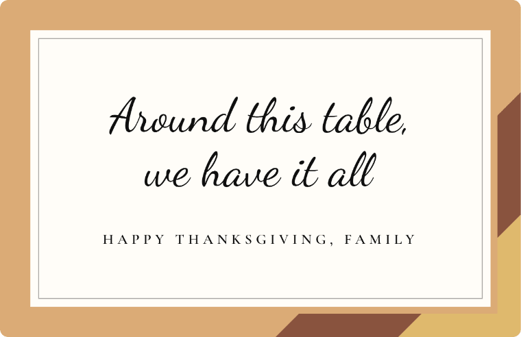 “Around this table, we have it all” Happy Thanksgiving card image in Dancing Script cursive, with the line “Happy thanksgiving, family”